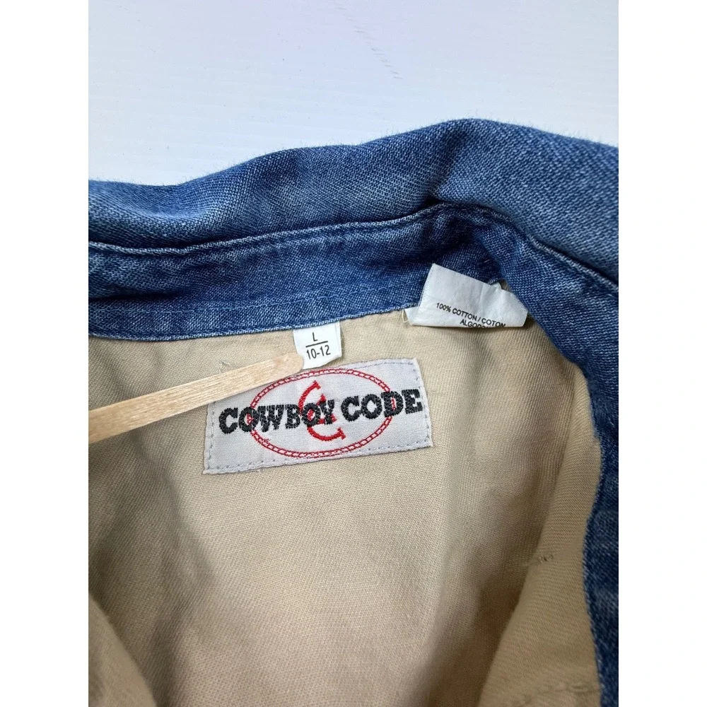 Cowboy Code Boys Tan Cotton Canvas Western Shirt Denim Collar Size L 10-12